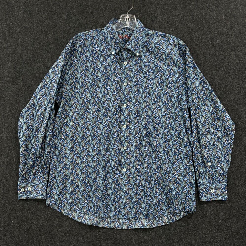Alan Flusser Shirt Men's Large Blue Paisley Pocket Long Sleeve Casual Dress